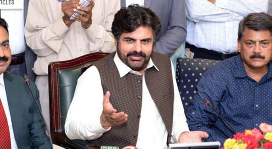 Information Minister Nasir Hussain Shah talks to the media