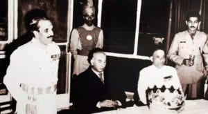 Bhutto pictured with Zia-ul-Haq (standing on the left side), the man who toppled his government in a military coup and imprisoned him.