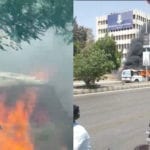 کراچی، شارعِ فیصل پر اسکول وین میں آگ لگ گئی، ڈرائیور جھلس کر زخمی