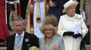 The Prince of Wales leaving St George’s Chapel in Windsor after marrying Camilla Parker-Bowles. Queen Elizabeth II attended their religious blessing but was not present at their civil ceremony (2005)