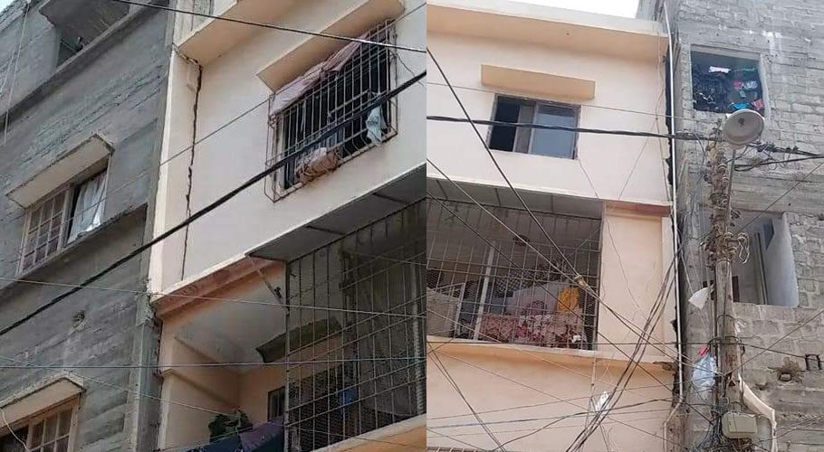 لیاقت آباد میں 6 منزلہ عمارت ٹیڑھی ہو کر گرنے کو تیار، عوام میں خوف و ہراس پھیل گیا