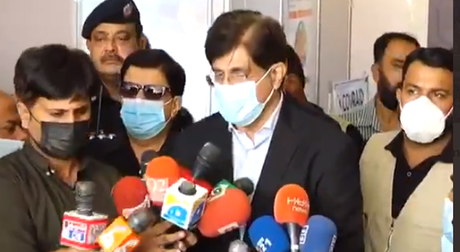 Sindh Chief Minister Syed Murad Ali Shah talks to media at University of Karachi