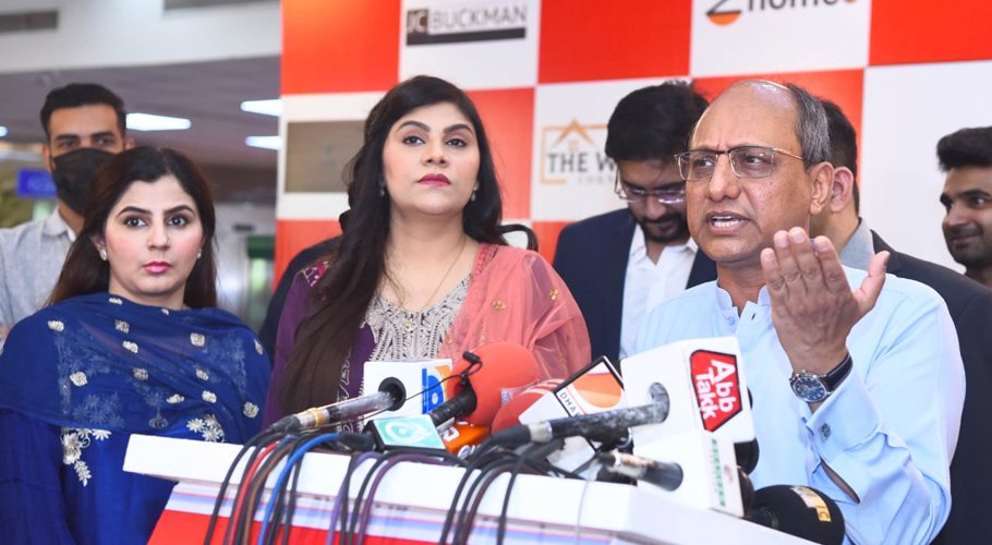 Saeed Ghani talking to media at Expo Center