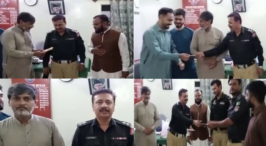 سماجی رہنما حسن امام کی تھانہ اقبال مارکیٹ آمد، اہلکاروں میں نقد انعامات تقسیم