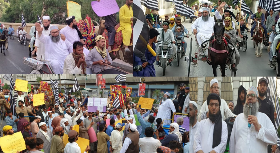 جمعیت علمائے اسلام ضلع کیماڑی کے زیر اہتمام گھوڑوں،اونٹوں کے ہمراہ منفرد ریلی