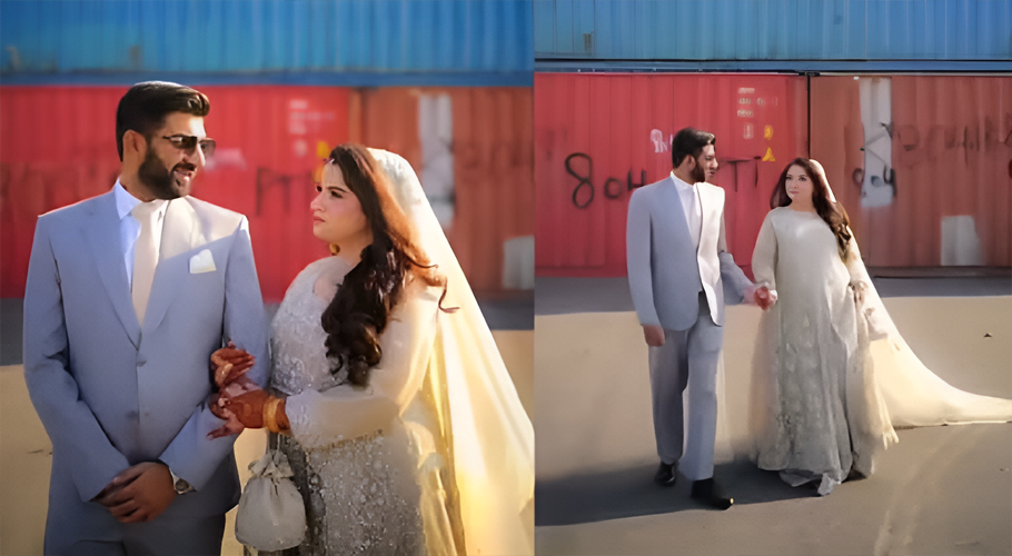 Couple poses for wedding shoot in front of containers in islamabad
