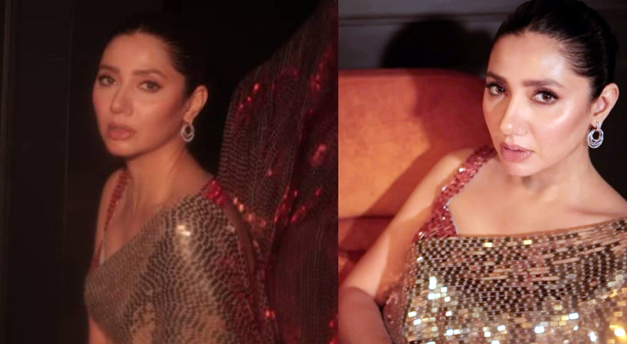 Mahira Khan sets hearts racing with hot poses on couch in sparkling red Saree